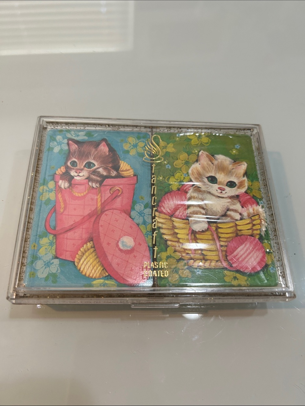 NWT vintage MCM  Kittens Playing Card Set of2 glitter container Stancraft